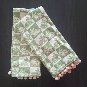 THRESHOLD CHECKERED BUNNY POM POM KITCHEN TOWELS CREAM GREEN PEACH SET OF 2 NWT